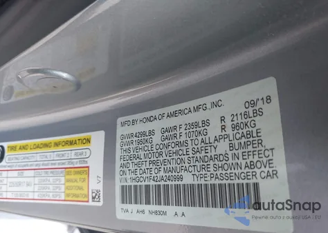 2018 Honda Accord from USA, damaged, VIN 1HGCB1F42JA240999